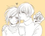  2boys blush chibi datte_waka eyebrows_visible_through_hair gloves hands_on_another's_shoulders heart hetero multiple_boys nezumi_(no.6) no.6 safu shion_(no.6) short_hair sketch smile speech_bubble translated turtleneck upper_body 
