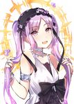  :d bare_arms bare_shoulders black_bow bonnet bow bracelet choker dress euryale eyebrows_visible_through_hair fate/hollow_ataraxia fate_(series) hairband head_tilt holding holding_hair jewelry lavender_hair lolita_hairband long_hair looking_at_viewer necklace open_mouth purple_eyes sleeveless sleeveless_dress smile solo sparkle tan_(tangent) twintails upper_body 