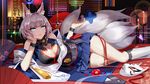  animal_ears azur_lane bangs bare_shoulders blue_eyes blue_skirt blunt_bangs blush breasts cleavage commentary_request cowlick detached_sleeves fan flower folding_fan fox_ears fox_mask fox_tail hakama_skirt highres indoors kaga_(azur_lane) large_breasts long_sleeves looking_at_viewer lying mask md5_mismatch multiple_tails official_art on_side parted_lips pleated_skirt revision sakuramon shikigami short_hair silver_hair skirt socks solo tail thighs white_legwear wide_sleeves zjsstc 