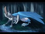  black_bars blue_feathers brown_eyes canine cat detailed_background duo feathered_wings feathers feline feral mammal outside raining rikitoka sitting water wings wolf 