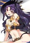  armlet asymmetrical_sleeves bare_shoulders black_hair bridal_gauntlets earrings fate/grand_order fate_(series) hair_ribbon hoop_earrings ishtar_(fate/grand_order) jewelry long_hair looking_at_viewer midriff navel red_eyes ribbon super_zombie two_side_up 