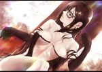  1girl bangs bare_shoulders black_dress breasts brown_hair center_opening choker cleavage closed_mouth collarbone commentary consort_yu_(fate) dress earrings elbow_gloves fate/grand_order fate_(series) glasses gloves highres jewelry kuziaaizuk large_breasts lips long_hair looking_to_the_side red_eyes sitting solo strapless strapless_dress very_long_hair 