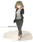 absurdres bangs black_footwear black_pants black_suit breasts brown_hair carrying character_name closed_eyes closed_mouth collarbone commentary crossed_legs earrings eyebrows_visible_through_hair formal full_body grey_shirt hand_in_hair high_heels highres idolmaster idolmaster_cinderella_girls jewelry kamille_(vcx68) long_sleeves medium_breasts mole mole_under_eye necklace no_legwear pants shirt shoes short_hair solo standing suit takagaki_kaede watson_cross white_background wristband 