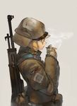  blonde_hair blue_eyes canteen cigarette commentary gloves gun helmet highres military military_uniform original pouch simple_background smoking solo uniform weapon weapon_on_back yogurtbomb9 