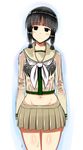  aburisamon bangs black_bra black_eyes black_hair blunt_bangs bra highres kantai_collection kitakami_(kantai_collection) looking_at_viewer midriff navel pleated_skirt remodel_(kantai_collection) school_uniform see-through serafuku sidelocks skirt solo underwear wet wet_clothes 