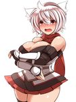  alternate_costume animal_ears bad_id bad_pixiv_id bare_shoulders breasts cleavage detached_sleeves hat highres inubashiri_momiji large_breasts looking_at_viewer open_mouth plump red_eyes red_scarf scarf short_hair silver_hair solo sweat tail tokin_hat touhou ueda_katsuhito wolf_ears wolf_tail 