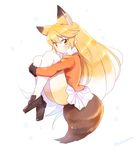  :| animal_ears blazer blonde_hair blush bow brown_footwear brown_gloves closed_mouth commentary expressionless extra_ears eyebrows_visible_through_hair eyelashes ezo_red_fox_(kemono_friends) fetal_position floating floating_hair fox_ears fox_tail from_side full_body fur-trimmed_sleeves fur_trim gloves gradient_hair gradient_legwear hair_between_eyes hands_clasped highres jacket kemono_friends knees_up leg_hug loafers long_hair long_sleeves looking_at_viewer multicolored multicolored_clothes multicolored_hair multicolored_legwear orange_jacket own_hands_together pantyhose pleated_skirt pocket scarf shoes skirt snowflake_background snowflakes solo tail tsurime twitter_username two-tone_hair two-tone_legwear very_long_hair white_bow white_hair white_legwear white_scarf white_skirt yellow_eyes yellow_legwear yukimi_park 