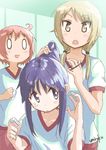  ahoge artist_name blonde_hair blush gym_uniform hinata_yukari ichii_yui long_hair looking_at_another multiple_girls nonohara_yuzuko open_mouth pink_hair ponytail purple_hair short_hair smile twintails umiroku yellow_eyes yuyushiki 