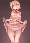  ass_visible_through_thighs breasts brown closed_mouth covered_nipples hair_ornament hidamari_sketch highres kagami_uekusa medium_breasts monochrome panties pleated_skirt skirt skirt_lift smile solo thigh_gap underwear x_hair_ornament yuno 