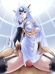  1girl black_legwear blue_hair breasts expressionless girl_on_top grinding hetero kos-mos large_breasts long_hair negresco penis red_eyes solo_focus spread_legs thigh_strap thighhighs underboob xenosaga 