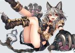  animal_ears bangs black_skirt boots brown_footwear claw_(weapon) claws collar erune fangs granblue_fantasy grey_background hair_between_eyes kaida_michi legs_up long_hair looking_at_viewer miniskirt navel open_mouth pleated_skirt red_eyes sen_(granblue_fantasy) silver_hair simple_background skirt solo teeth weapon 