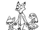  2017 anthro barefoot black_and_white canine clothed clothing disney english_text female fennec finnick fox group hand_holding inkyfrog judy_hopps lagomorph male mammal monochrome neck_tuft nick_wilde rabbit simple_background text tuft walking white_background zootopia 