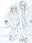  1girl ahoge boots coat datte_waka duffel_coat eyebrows_visible_through_hair full_body graphite_(medium) greyscale height_difference holding_hands jacket knee_boots looking_at_another monochrome no.6 outdoors ribbed_sweater safu scarf shion_(no.6) short_hair simple_background sitting sketch skirt smile sweater traditional_media 