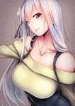  bangs breasts collarbone eyebrows_visible_through_hair hair_between_eyes hair_ornament hidamari_sketch highres kagami_uekusa large_breasts long_hair looking_at_viewer matsuri_(hidamari_sketch) off_shoulder parted_lips red_eyes silver_hair smile solo underbust upper_body 