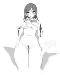  artist_name blush bottomless breasts censored commentary dated eyebrows_visible_through_hair greyscale half-closed_eyes highres hips large_breasts long_hair looking_at_viewer monochrome mosaic_censoring navel nipples open_clothes open_shirt original parted_lips pubic_hair self_fondle shirt signature sitting sketch solo tabata_hisayuki thighs 