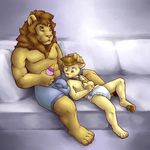  age_difference astolpho bottle bulge collar cub diaper duo feet feline fur incest lion lying male mammal pawpads petting sitting sofa yellow_eyes yellow_fur young 