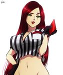  1girl breasts esther gloves groin katarina_du_couteau league_of_legends lipstick long_hair looking_at_viewer medium_breasts midriff red_card red_hair referee scar solo stomach 