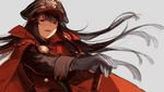  bad_id bad_pixiv_id black_hair blurry buun_ko cape depth_of_field family_crest fate_(series) from_below gloves grey_background hands_on_hilt hat katana koha-ace long_hair looking_at_viewer narrowed_eyes oda_nobunaga_(fate) oda_uri open_mouth peaked_cap red_cape red_eyes smile solo sword teeth weapon 