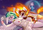  2017 anthro anthrofied areola armor blush breasts chest_tuft clothed clothing cutie_mark daybreaker_(mlp) dialogue english_text equine feathered_wings feathers female female/female fingering fire friendship_is_magic group hair helmet horn long_hair magic mammal multicolored_hair my_little_pony nipples pj-nsfw princess_celestia_(mlp) pussy restrained starlight_glimmer_(mlp) text tuft unicorn vaginal vaginal_fingering white_feathers winged_unicorn wings 