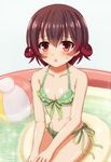  ball beachball bikini brown_eyes brown_hair eyebrows_visible_through_hair green_bikini green_ribbon hair_between_eyes innertube jewelry kantai_collection mutsuki_(kantai_collection) ootori_(kyoya-ohtori) open_mouth ribbon ring short_hair solo speech_bubble sweatdrop swimsuit wading_pool water wedding_band 