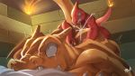  2018 ambiguous_gender ambiguous_penetration anthro ass_up bed blue_eyes bna_v5 charizard charmeleon cum cum_inside duo from_behind_position front_view hi_res inside lying male male/ambiguous nintendo nude on_bed on_front orange_scales orange_skin penetration pok&eacute;mon pok&eacute;mon_(species) red_scales red_skin scales sex signature size_difference small_dom_big_sub sweat video_games 