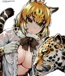  animal animal_ears blonde_hair bow bowtie breasts commentary_request elbow_gloves fur_collar gloves happa_(cloverppd) jaguar jaguar_(kemono_friends) jaguar_ears jaguar_tail kemono_friends large_breasts multicolored_hair open_clothes open_shirt shirt short_hair short_sleeves sweat tail wet wet_clothes 