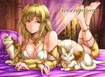  anklet barefoot bed blonde_hair breasts bridal_gauntlets candle candlestand cat cleavage crossed_arms curtains earrings feet jewelry large_breasts legs_up lips long_hair lying necklace on_stomach original pillow purple_eyes ryou_(pix_gallerio) smile soles solo the_pose 