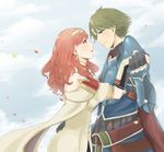  1girl alm_(fire_emblem) armor blue_armor blush cape celica_(fire_emblem) circlet cloud commentary_request couple day dress earrings eye_contact eyebrows eyebrows_visible_through_hair fire_emblem fire_emblem_echoes:_mou_hitori_no_eiyuuou gauntlets green_eyes green_hair hetero highres holding_hands jewelry lips long_hair looking_at_another open_mouth petals red_eyes red_hair short_sleeves shoulder_pads sky smile tiara yori_ill 