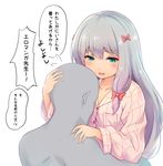  1girl aqua_eyes bald bangs blush bow collarbone commentary_request eromanga_sensei eyebrows_visible_through_hair flying_sweatdrops gradient_hair hair_between_eyes hair_bow half-closed_eyes hug izumi_sagiri long_hair long_sleeves looking_at_another low-tied_long_hair multicolored_hair open_mouth pajamas pink_bow pink_hair simple_background smile speech_bubble tgh326 translation_request white_background 