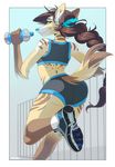  anthro canine clothed clothing exercise female fur hair kuroame looking_back mammal smile solo teeth water_bottle 