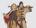  2boys armor askeladd bjorn_(vinland_saga) black_armor blonde_hair braid braided_beard breastplate brown_hair cloak cowboy_shot crown ermine eshino_makiya03 facial_hair fur-trimmed_cloak fur_trim goatee grey_shirt helmet highres male_focus mature_male multiple_boys over_shoulder red_cloak shirt short_hair standing sword sword_over_shoulder vinland_saga weapon weapon_over_shoulder weasel white_background 