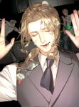  4boys america_(hetalia) anger_vein artist_name ascot axis_powers_hetalia belt black_belt black_pants black_socks blank_eyes blonde_hair cabinet closed_eyes collared_shirt commentary couch cowboy_shot english_commentary facial_hair floating_clothes food food_on_face france_(hetalia) fruit gelatin grey_hair grey_pants hands_up highres icing indoors lapels long_hair long_sleeves looking_at_another looking_down low_ponytail male_focus middle_finger multiple_boys necktie no_mouth no_shoes on_couch open_mouth pants ponytail purple_ascot purple_vest red_necktie russia_(hetalia) scarf shirt short_hair short_sleeves sidelocks smile socks solo_focus standing strawberry sweater teeth throwing united_kingdom_(hetalia) upper_body v-shaped_eyebrows vest wavy_hair white_scarf white_shirt white_sweater zhongerweiyuan 