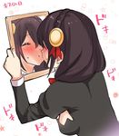  black_hair blush bow braid breasts closed_eyes commentary_request crown_braid eyebrows_visible_through_hair hair_ornament hair_over_shoulder holding_mirror kiss kiss_day kono_subarashii_sekai_ni_shukufuku_wo! long_hair long_sleeves medium_breasts mirror misu_kasumi object_kiss red_bow solo sweatdrop translated twintails yunyun_(konosuba) 