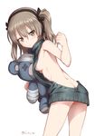  blush boko_(girls_und_panzer) breasts brown_eyes brown_hair butt_crack commentary_request girls_und_panzer highres holding inu_(aerodog) long_hair looking_at_viewer meme_attire naked_sweater shimada_arisu side_ponytail small_breasts solo stuffed_animal stuffed_toy sweater teddy_bear underboob virgin_killer_sweater white_background 