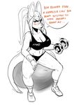  anthro athletic blush bra breasts cleavage clothed clothing dialogue dumbbell english_text exercise female footwear hair kangaroo legwear mammal marsupial midriff navel ponytail roo_(valtik) shoes sitting socks solo sweat text underwear valtik weightlifting weights workout 