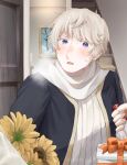 1boy alcohol artist_name axis_powers_hetalia black_jacket blurry blurry_background blush bottle bouquet bow box commentary_request fingernails flower gift gift_box hair_between_eyes harutoro_39487 highres holding holding_bottle jacket long_sleeves looking_at_object male_focus open_clothes open_door open_jacket open_mouth painting_(object) purple_eyes red_bow russia_(hetalia) scarf short_hair solo stairs sunflower sweatdrop sweater vodka white_hair white_scarf white_sweater yellow_flower 