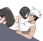  1boy 1girl absurdres black_hair closed_mouth eye_contact from_side guzma_(pokemon) hetero highres looking_at_another mawu_(mishimamaru) mixed-language_commentary multicolored_hair open_mouth pants pokemon pokemon_sm selene_(pokemon) shirt short_hair sleeveless sleeveless_shirt sweatdrop two-tone_hair white_hair white_shirt 