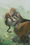  1boy 1girl aerith_gainsborough aerith_gainsborough_(garnet's_gown) artist_name bare_shoulders black_gloves black_pants black_vest blonde_hair braid braided_ponytail breasts brown_gloves brown_hair choker closed_eyes cloud_strife cloud_strife_(zidane's_outfit) commentary cosplay couple dress english_commentary final_fantasy final_fantasy_vii final_fantasy_vii:_ever_crisis flower garnet_til_alexandros_xvii garnet_til_alexandros_xvii_(cosplay) gloves grass grey_choker hair_between_eyes hetero highres juliet_sleeves kiss long_dress long_hair long_sleeves medium_breasts official_alternate_costume orange_dress outdoors pants parted_bangs petticoat puffy_sleeves shirt short_hair sidelocks single_braid smokysun spiked_hair vest white_shirt yellow_flower zidane_tribal zidane_tribal_(cosplay) 
