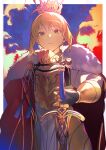  1girl absurdres ahoge armor artoria_pendragon_(fate) blonde_hair breastplate caliburn_(fate) cape commentary_request crown fate/grand_order fate_(series) green_eyes highres hiro_(hirohiro_gorira) holding holding_sword holding_weapon lord_logres_(fate) lord_logres_(first_ascension)_(fate) red_cape short_hair solo sword weapon 