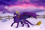  2017 animated blonde_hair claws day detailed_background digital_media_(artwork) dragon female fence feral gold_feathers gold_hair hair horn landscape membranous_wings outside ridged_horn samantha-dragon snow snowscape solo standing wings 