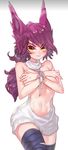  1girl animal_ears blush covering_breasts crossed_arms league_of_legends long_hair looking_at_viewer navel purple_hair solo sweater virgin_killer_sweater xayah yellow_eyes 