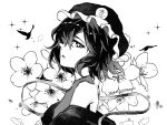  1other androgynous artist_name bare_shoulders bird chinese_commentary commentary_request dated eyelashes flower frilled_headwear greyscale hair_between_eyes hat highres jacket jacket_partially_removed len'en looking_at_viewer mob_cap monochrome other_focus parted_lips petals pointy_nose purple_eyes sanwanbaqiannian shirt shitodo_kuroji short_hair sleeveless sleeveless_shirt solo sparkle upper_body 