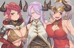  3girls aliza_(granblue_fantasy) bare_shoulders breast_press breasts cleavage cleavage_cutout cow_ears cow_horns doraf dress earrings erect_nipples eyes_closed granblue_fantasy hair_over_one_eye horns huge_breasts jewelry lavender_hair long_hair looking_at_viewer multiple_girls narumeia_(granblue_fantasy) obui open_mouth pointy_ears ponytail purple_hair red_eyes red_hair short_hair silver_hair smile sturm_(granblue_fantasy) upper_body 