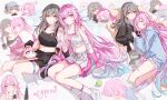  2girls absurdres alternate_costume ball baseball_cap black_shirt blue_jacket blush braid breasts character_name chinese_commentary closed_eyes commentary_request crop_top cyrene_(anta)_(honkai:_star_rail) cyrene_(demiurge)_(honkai:_star_rail) cyrene_(honkai:_star_rail) grey_hair hair_ornament hat heart highres honkai:_star_rail honkai_(series) jacket long_hair looking_at_viewer medium_breasts mem_(honkai:_star_rail) midriff multiple_girls navel pink_eyes pink_hair shirt shorts sitting sleeping smile spoken_heart sportswear stelle_(honkai:_star_rail) stuffed_animal stuffed_toy tennis_ball tennis_uniform trailblazer_(honkai:_star_rail) very_long_hair white_shorts yajuu yellow_eyes zzz 