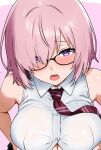  1girl bamboo_tac bare_shoulders blush breasts breasts_squeezed_together collared_shirt commentary_request fate/grand_order fate_(series) glasses grey_jacket hair_over_one_eye highres implied_paizuri jacket large_breasts looking_at_viewer mash_kyrielight necktie open_mouth out-of-frame_censoring pink_hair purple_eyes shirt short_hair sleeveless sleeveless_shirt white_shirt 