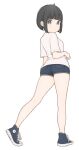  1girl 1ssakawaguchi absurdres ahoge ass back blue_shoes blue_shorts blunt_bangs blunt_ends blush bob_cut breasts closed_mouth converse denim denim_shorts dot_mouth expressionless from_behind from_side green_eyes hand_up heel_up highres ichika_(1ssakawaguchi) kneepits legs_apart light_blush looking_at_viewer looking_to_the_side original shirt shoes short_hair short_shorts shorts simple_background small_breasts sneakers solo standing star_(symbol) t-shirt white_background white_shirt white_trim 