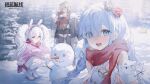  3girls absurdres animal_ears azur_lane belt black_skirt blonde_hair blue_eyes blue_hair breasts carrot coat commentary crown fur-trimmed_coat fur_trim highres incredibly_absurdres janus_(azur_lane) laffey_(azur_lane) lion_(azur_lane) long_hair manjuu_(azur_lane) mini_crown multiple_girls official_art rabbit_ears red_eyes red_scarf scarf skirt smile snow snowball snowman thighhighs twintails whiskers white_hair 