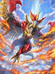  absurdres armor bird blue_gem blue_sky blurry chest_jewel claws cloud cloudy_sky commentary crystal day depth_of_field film_grain fire flying forehead_jewel full_body gem glowing glowing_gem gold_armor highres kaiju looking_at_viewer midair monster monster_focus multicolored_armor no_humans outdoors phoenix pyrokinesis red_armor red_gem robuja sky solo spikes tail tokusatsu two-tone_armor ultra_series ultraman_omega_(series) valgeness wings 