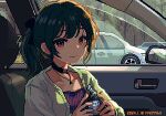  1girl artist_name black_choker black_hair bow brown_eyes car car_door car_interior car_seat cardigan choker closed_mouth dated food hair_bow holding holding_food jewelry long_hair looking_at_viewer motor_vehicle nanami_yuki_(yuki77mi) necklace onigiri original pixel_art ponytail purple_shirt rear-view_mirror shirt signature smile solo sunlight tree vehicle_interior white_cardigan 