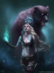  2019 ambiguous_gender black_nose blonde_hair blue_eyes bow breasts digital_media_(artwork) elf female hair holding_object holding_weapon humanoid mammal midriff navel open_mouth teeth tongue ursid weapon x-celebril-x 